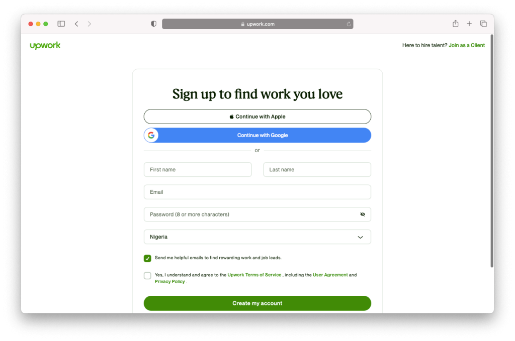 Using business email to sign up on Upwork