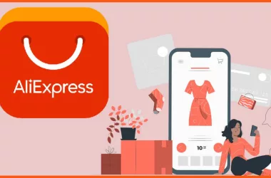 Aliexpress logo with illustrated mobile shopping app